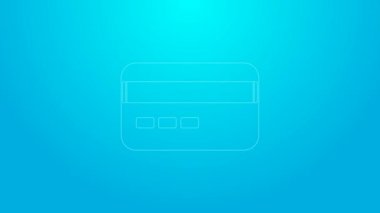 Pembe çizgi kredi kartı simgesi mavi arkaplanda izole edildi. Çevrimiçi ödeme. Nakit çekilmesi. Finansal operasyonlar. Alışveriş tabelası. 4K Video hareketli grafik canlandırması