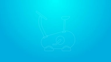 Pembe çizgi durağan bisiklet simgesi mavi arkaplanda izole edildi. Egzersiz bisikleti. 4K Video hareketli grafik canlandırması