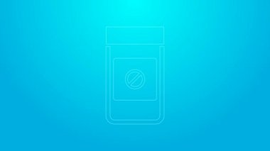 Pembe çizgi spor doping, anabolik uyuşturucu ikonu mavi arka planda izole edilmiş. Anabolik steroid tableti. Haplar kavanozda. 4K Video hareketli grafik canlandırması