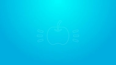 Pembe çizgi Apple simgesi mavi arkaplanda izole edildi. Yaprak sembollü meyve. 4K Video hareketli grafik canlandırması