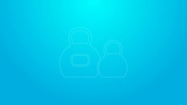 Pembe çizgi Kettlebell simgesi mavi arkaplanda izole edildi. Spor malzemeleri. 4K Video hareketli grafik canlandırması