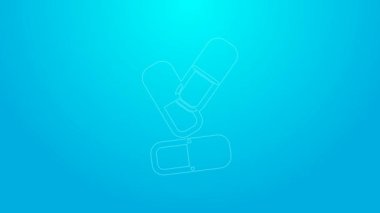 Mavi arka planda izole edilmiş pembe çizgi haplı kapsül ikonu vitamin kompleksi. Sağlıklı bir yaşam tarzı. 4K Video hareketli grafik canlandırması