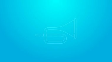 Pembe çizgi müzik aleti trompet ikonu mavi arka planda izole edilmiş. 4K Video hareketli grafik canlandırması