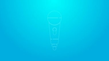 Pembe çizgi mikrofon simgesi mavi arkaplanda izole edildi. Radyodaki mikrofondan. Sözcü işareti. 4K Video hareketli grafik canlandırması