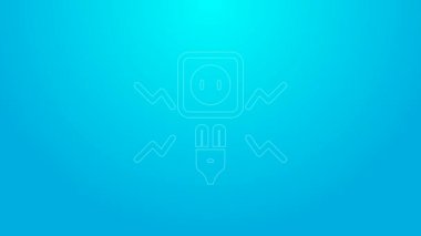 Pembe hat, elektrik prizini mavi arka planda izole edilmiş elektrik kıvılcımına bağlıyor. 4K Video hareketli grafik canlandırması