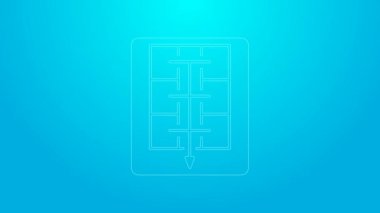 Pembe çizgi tahliye planı simgesi mavi arkaplanda izole edildi. Yangın kaçış planı. 4K Video hareketli grafik canlandırması