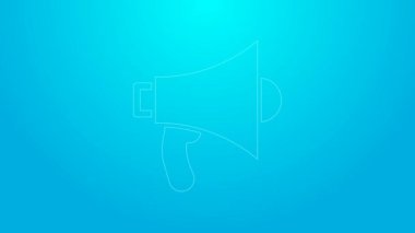 Mavi arkaplanda izole edilmiş pembe çizgi megafon simgesi. Sözcü işareti. 4K Video hareketli grafik canlandırması