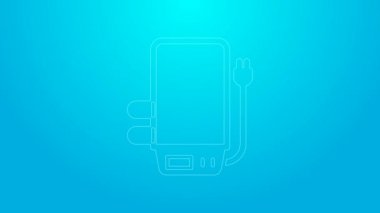 Su ikonunu ısıtmak için kullanılan pembe elektrik kazanı mavi arkaplanda izole edilmiş. 4K Video hareketli grafik canlandırması