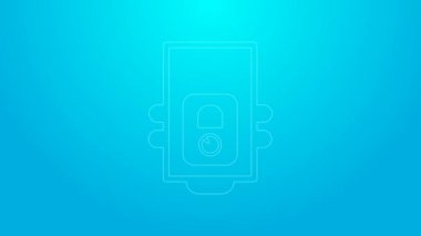 Mavi arka planda izole edilmiş yanan bir ateş ikonu olan pembe çizgi gazlı kazan. 4K Video hareketli grafik canlandırması