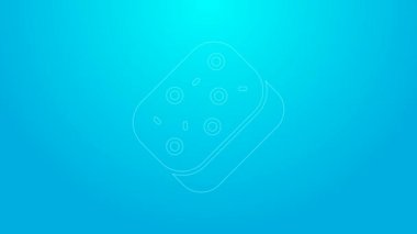 Mavi arkaplanda baloncuk simgesi olan pembe çizgi süngeri. Bulaşık yıkamak için bir tutam Bast. Temizlik servisi logosu. 4K Video hareketli grafik canlandırması