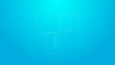 Mavi arka planda pembe çizgi saç kurutma ikonu izole edildi. Saç kurutma makinesi tabelası. Saç kurutma sembolü. Sıcak hava üflüyor. 4K Video hareketli grafik canlandırması
