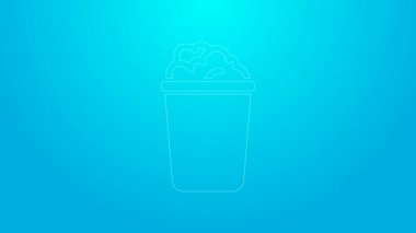 Mavi zemin üzerinde sabun köpüğü simgesi olan pembe çizgi kovası. Sulu kase. Çamaşır yıkama, temizlik malzemeleri. 4K Video hareketli grafik canlandırması