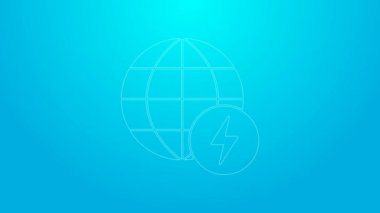 Pembe çizgi Küresel Enerji Gücü Gezegeni mavi arka planda yıldırım simgesi izole edildi. Ekoloji konsepti ve çevre. 4K Video hareketli grafik canlandırması