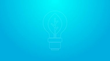 Mavi zemin üzerinde yaprak simgesi olan pembe çizgi lambası. Çevre enerjisi kavramı. Alternatif enerji kavramı. 4K Video hareketli grafik canlandırması