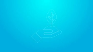 Mavi arka planda izole edilmiş çevresel koruma ikonu elinde pembe çizgi bitki. Tohum ve tohum. Fidan dikiyorum. Ekoloji konsepti. 4K Video hareketli grafik canlandırması