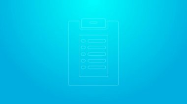 Mavi arka planda izole edilmiş klinik kayıt simgesi olan pembe çizgi tıbbi pano. Sağlık sigortası formu. Reçete, tıbbi kontrol işaretleri raporu. 4K Video hareketli grafik canlandırması