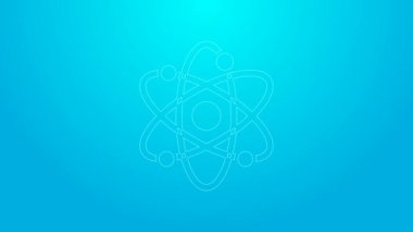 Pembe çizgi Atom simgesi mavi arkaplanda izole edildi. Bilimin, eğitimin, nükleer fiziğin, bilimsel araştırmaların sembolü. 4K Video hareketli grafik canlandırması