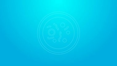 Mavi arka planda izole edilmiş bakteri simgesi olan pembe çizgi Petri kabı. 4K Video hareketli grafik canlandırması