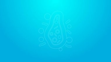 Mavi arka planda izole edilmiş pembe çizgi bakteri simgesi. Bakteriler ve mikroorganizmalar, sebep olan mikroorganizma hastalıkları, hücre kanseri, mikrop, virüs, mantar. 4K Video hareketli grafik canlandırması