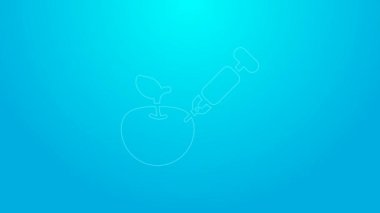 Pembe çizgi, mavi arka planda genetik olarak değiştirilmiş elma simgesi izole edilmiş. GDO meyvesi. Elmaya şırınga enjekte ediliyor. 4K Video hareketli grafik canlandırması