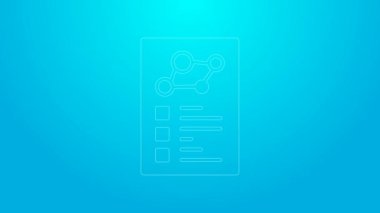 Mavi arka planda izole edilmiş klinik kayıt simgesi olan pembe çizgi tıbbi pano. Sağlık sigortası formu. Reçete, tıbbi kontrol işaretleri raporu. 4K Video hareketli grafik canlandırması