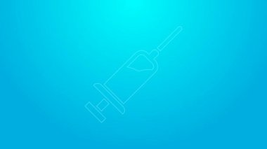 Mavi zemin üzerinde serum simgesi olan pembe çizgi şırıngası. Aşı için şırınga, aşı, iğne, grip aşısı. Tıbbi ekipman. 4K Video hareketli grafik canlandırması