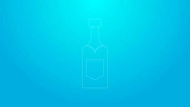 Символ бутылки шампанского розовой линии выделен на синем фоне. Видеографическая анимация 4K — стоковое видео