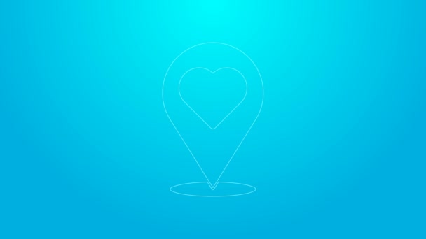 Różowa linia Wskaźnik mapy z ikoną serca izolowane na niebieskim tle. Walentynki. Miejsce miłości. Romantyczny znaczek na mapie. 4K Animacja graficzna ruchu wideo — Wideo stockowe