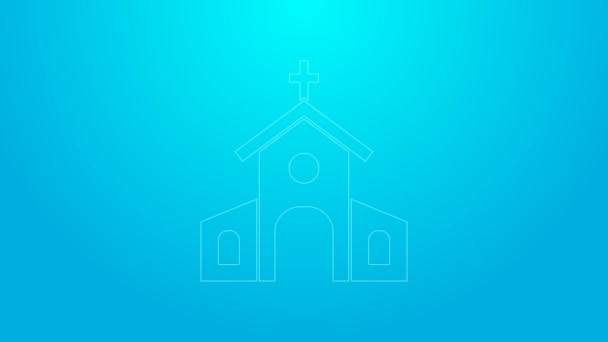 Różowa linia Ikona budynku kościoła odizolowana na niebieskim tle. Kościół chrześcijański. Religia kościoła. 4K Animacja graficzna ruchu wideo — Wideo stockowe