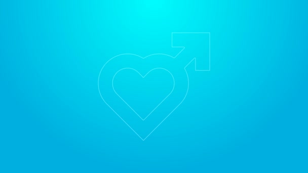 Pink line Heart with male gender symbol icon isolated on blue background. 4K Video motion graphic animation — Stock Video