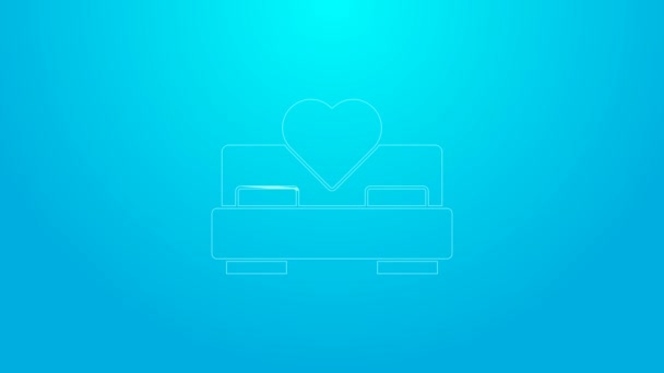 Růžová čára Ikona ložnice izolované na modrém pozadí. Svatba, láska, svatební symbol. Kreativní ikona ložnice ze sbírky líbánek. Grafická animace pohybu videa 4K — Stock video