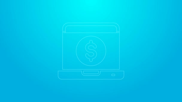 Línea rosa Laptop con icono de dólar aislado sobre fondo azul. Envío de dinero en todo el mundo, transferencia de dinero, banca en línea, transacción financiera. Animación gráfica de vídeo 4K — Vídeos de Stock