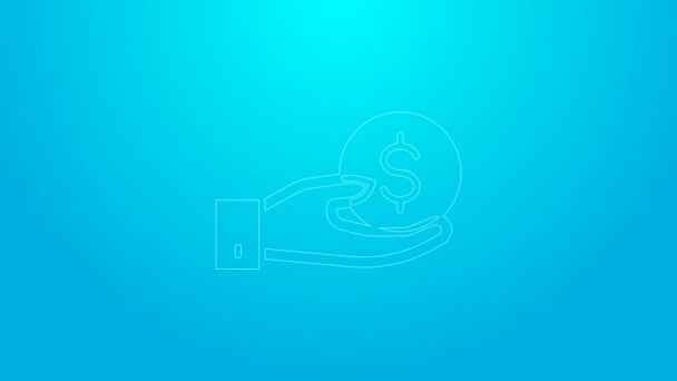 Розовая линия Человеческая рука дает деньги значок изолирован на синем фоне. Получение иконки с деньгами. Видеографическая анимация 4K — стоковое видео