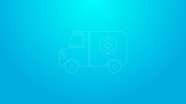Icono de camión blindado de línea rosa aislado sobre fondo azul. Animación gráfica de vídeo 4K — Vídeo de stock