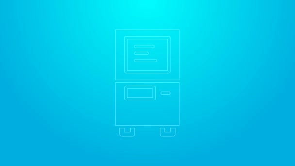 Linea rosa ATM - icona automatica della macchina teller isolato su sfondo blu. Animazione grafica 4K Video motion — Video Stock