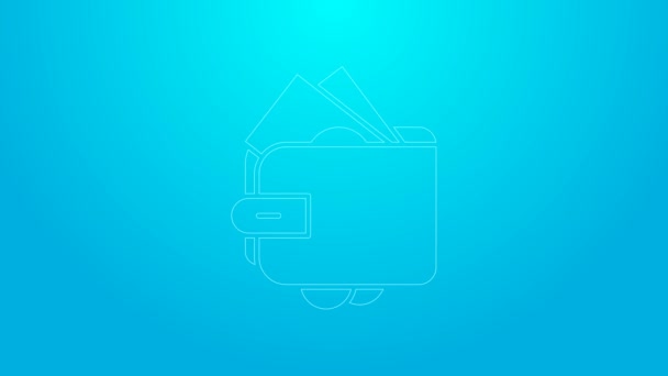 Línea rosa Monedero con pilas de papel moneda icono de dinero en efectivo aislado sobre fondo azul. Icono del bolso. Símbolo de ahorro. Animación gráfica de vídeo 4K — Vídeo de stock