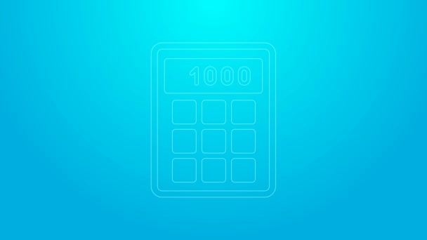 Rózsaszín vonal Kalkulátor ikon elszigetelt kék alapon. Könyvelési szimbólum. Üzleti számítások matematika oktatás és pénzügy. 4K Videó mozgás grafikus animáció — Stock videók