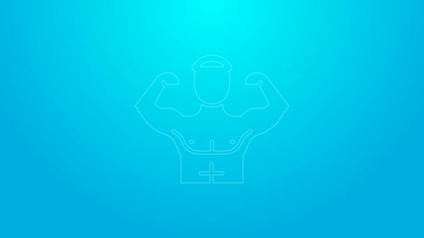 Construtor de corpo linha rosa mostrando seus músculos ícone isolado no fundo azul. Apto conceito de hobby saúde força fitness. Animação gráfica em movimento de vídeo 4K — Vídeo de Stock