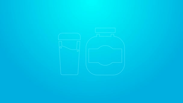 Pink line Sports nutrition bodybuilding proteine power drink and food icon isolated on blue background. 4K Video motion graphic animation — Vídeo de stock