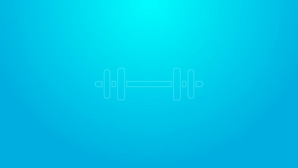 Línea rosa Icono de barra aislada sobre fondo azul. Icono de levantamiento muscular, barra de fitness, gimnasio, equipo deportivo, bumbbell ejercicio. Animación gráfica de vídeo 4K — Vídeo de stock