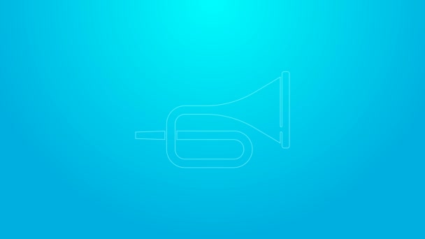 Pink line Musical instrument trumpet icon isolated on blue background. 4K Video motion graphic animation — Vídeos de Stock