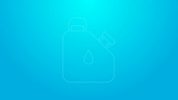 Línea rosa Bote para líquidos inflamables icono aislado sobre fondo azul. Aceite o biocombustible, productos químicos explosivos, sustancias peligrosas. Animación gráfica de vídeo 4K — Vídeos de Stock