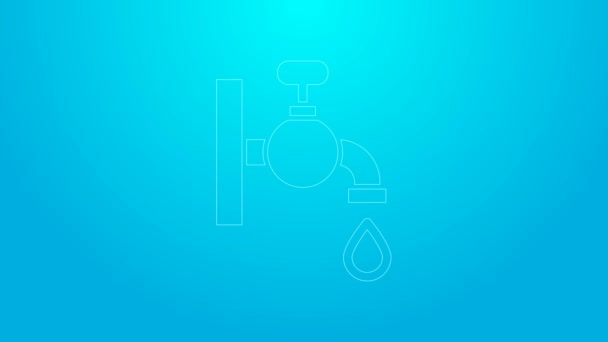 Pink line Water tap icon isolated on blue background. 4K Video motion graphic animation — Stock Video