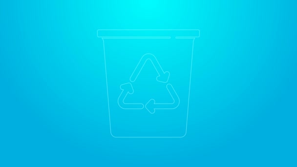 Linha rosa Lixeira com ícone de símbolo de reciclagem isolado no fundo azul. Ícone da lata de lixo. Sinal de lixeira. Sinal de cesta de reciclagem. Animação gráfica em movimento de vídeo 4K — Vídeo de Stock