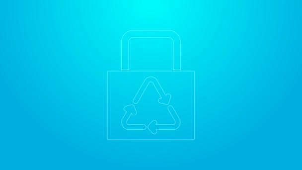 Ροζ χάρτινη τσάντα με ανακυκλωμένο εικονίδιο που απομονώνεται σε μπλε φόντο. Τσάντα με σύμβολο ανακύκλωσης. 4K Γραφική κίνηση κίνησης βίντεο — Αρχείο Βίντεο