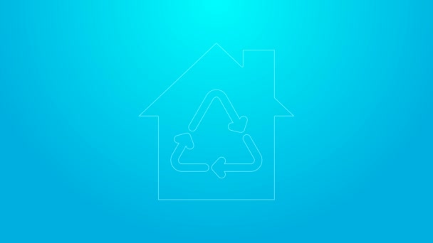 Różowa linia Eco House z ikoną symbolu recyklingu izolowane na niebieskim tle. Dom ekologiczny ze strzałkami z recyklingu. 4K Animacja graficzna ruchu wideo — Wideo stockowe