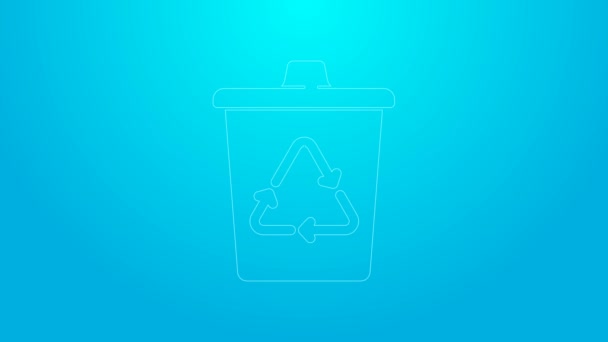 Roze lijn Prullenbak met recycle symbool pictogram geïsoleerd op blauwe achtergrond. Prullenbak icoon. Vuilnisbak bord. Prullenbak bord. 4K Video motion grafische animatie — Stockvideo