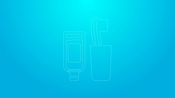 Розовая линия Зубная щетка и тюбик с изображением зубной пасты изолированы на синем фоне. Одноразовые туалетные принадлежности. Видеографическая анимация 4K — стоковое видео