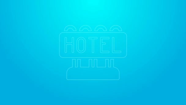 Línea rosa Letrero publicidad al aire libre con texto Icono del hotel aislado sobre fondo azul. Animación gráfica de vídeo 4K — Vídeos de Stock