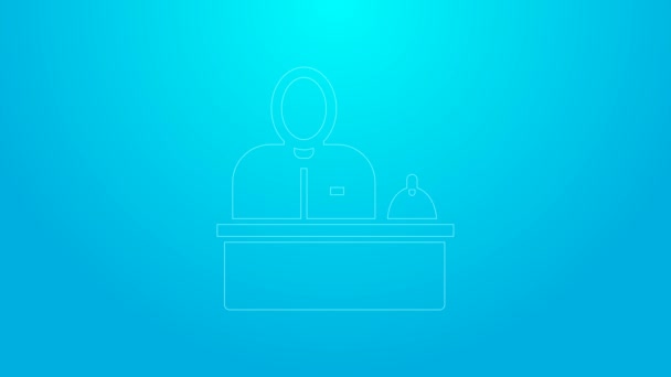 Línea rosa Recepcionista de pie en el icono de recepción del hotel aislado sobre fondo azul. Animación gráfica de vídeo 4K — Vídeos de Stock